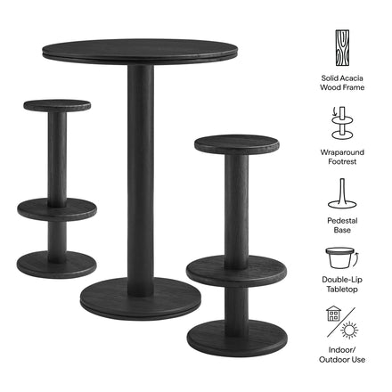 Neo 3-Piece Round Indoor - Outdoor Patio Patio Wood Bar Table And Stool Set in Black