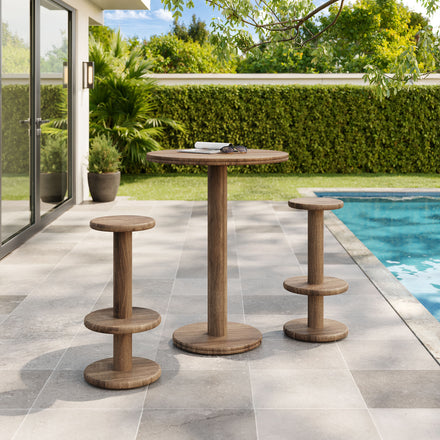 Neo 3-Piece Round Indoor - Outdoor Patio Patio Wood Bar Table And Stool Set in Cocoa Brown