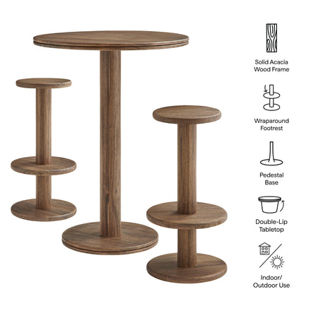 Neo 3-Piece Round Indoor - Outdoor Patio Patio Wood Bar Table And Stool Set in Cocoa Brown