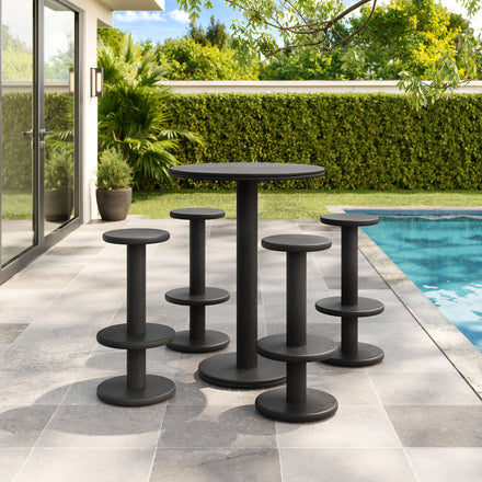 Neo 5-Piece Round Indoor - Outdoor Patio Round Patio Bar Table And Stool Set in Black