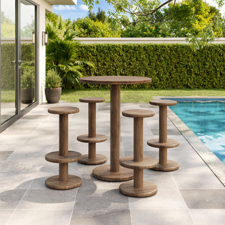 Neo 5-Piece Round Indoor - Outdoor Patio Round Patio Bar Table And Stool Set in Cocoa Brown