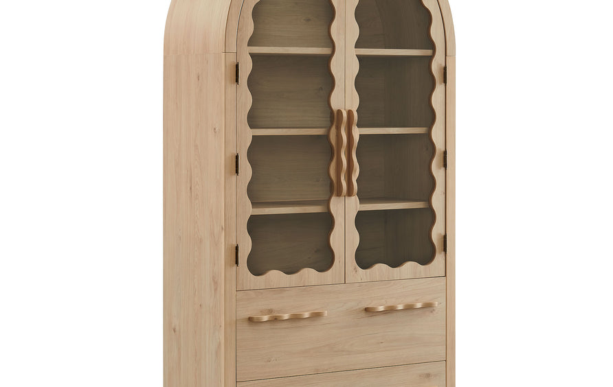 Lismore 76 Inch Arched Kitchen Pantry Display Cabinet in Light Oak