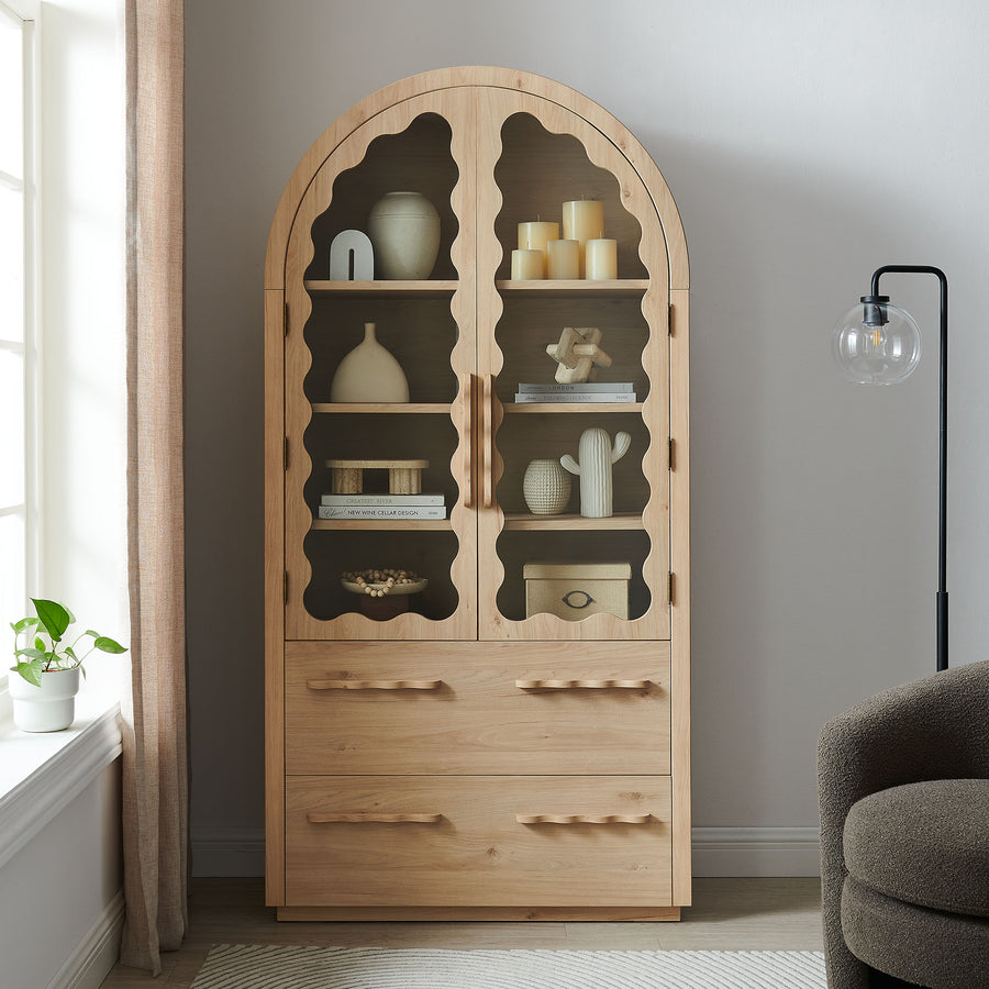 Lismore 76 Inch Arched Kitchen Pantry Display Cabinet in Light Oak
