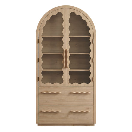 Rory 76 Inch Arched Kitchen Pantry Display Cabinet in Light Oak