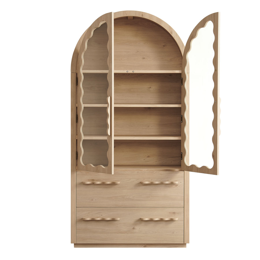 Lismore 76 Inch Arched Kitchen Pantry Display Cabinet in Light Oak