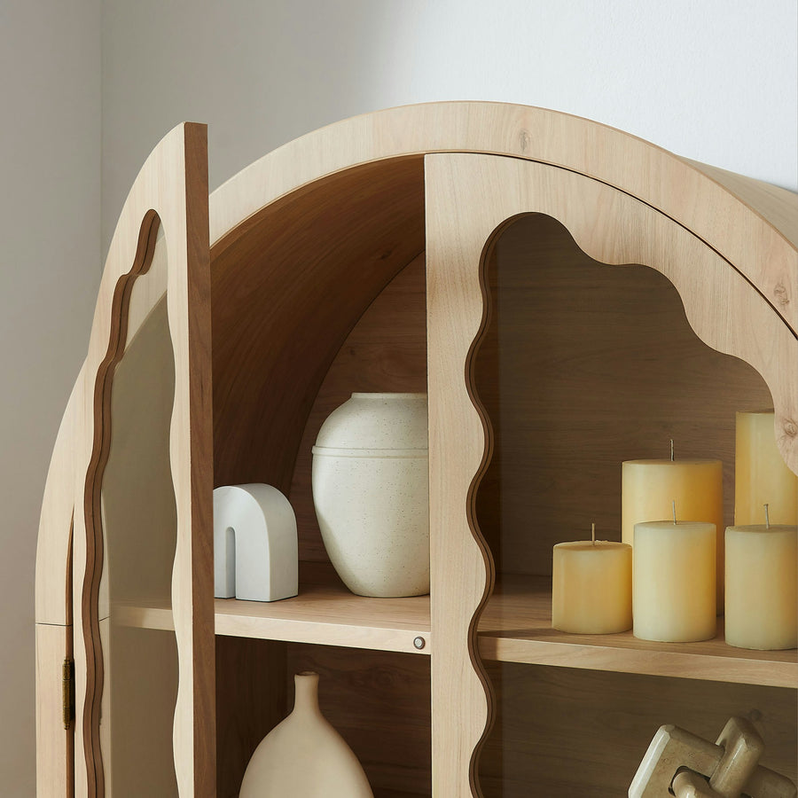 Lismore 76 Inch Arched Kitchen Pantry Display Cabinet in Light Oak