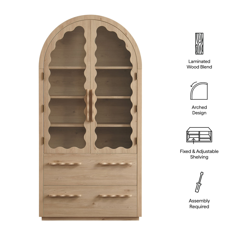Lismore 76 Inch Arched Kitchen Pantry Display Cabinet in Light Oak