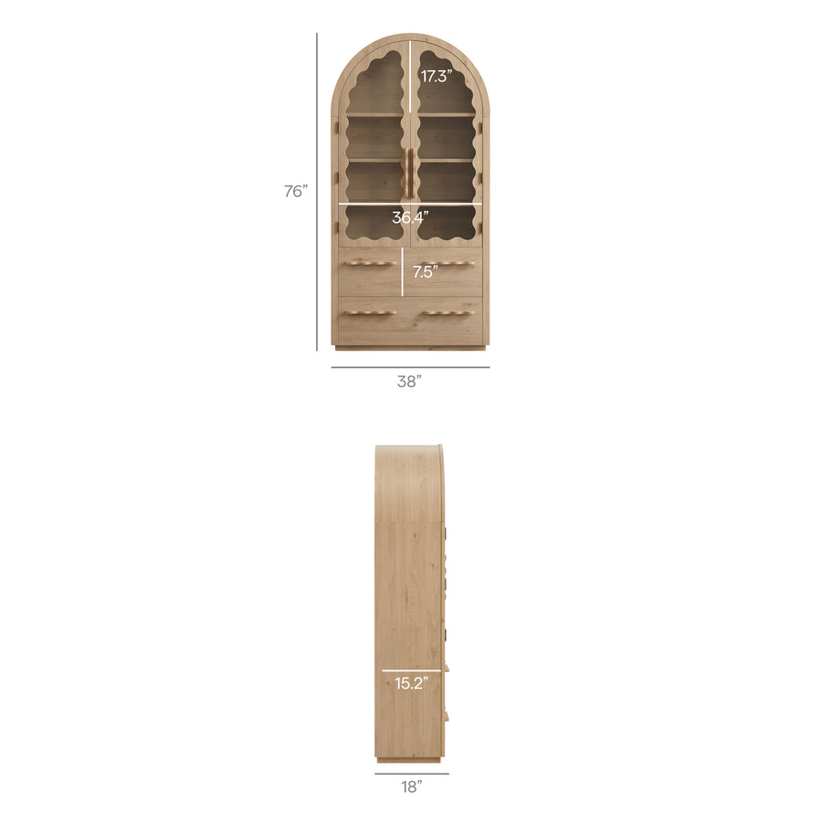 Lismore 76 Inch Arched Kitchen Pantry Display Cabinet in Light Oak