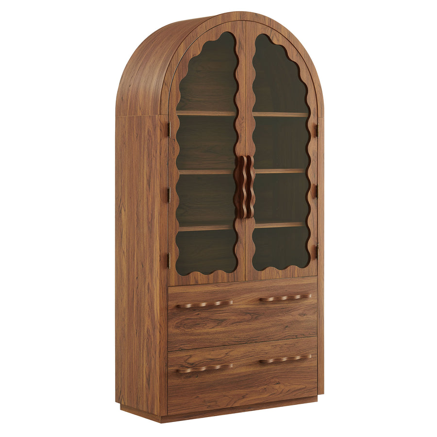 Lismore 76 Inch Arched Kitchen Pantry Display Cabinet in Walnut