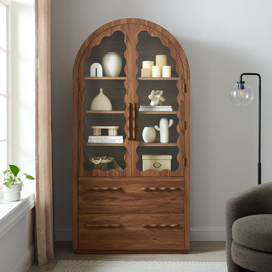 Lismore 76 Inch Arched Kitchen Pantry Display Cabinet in Walnut