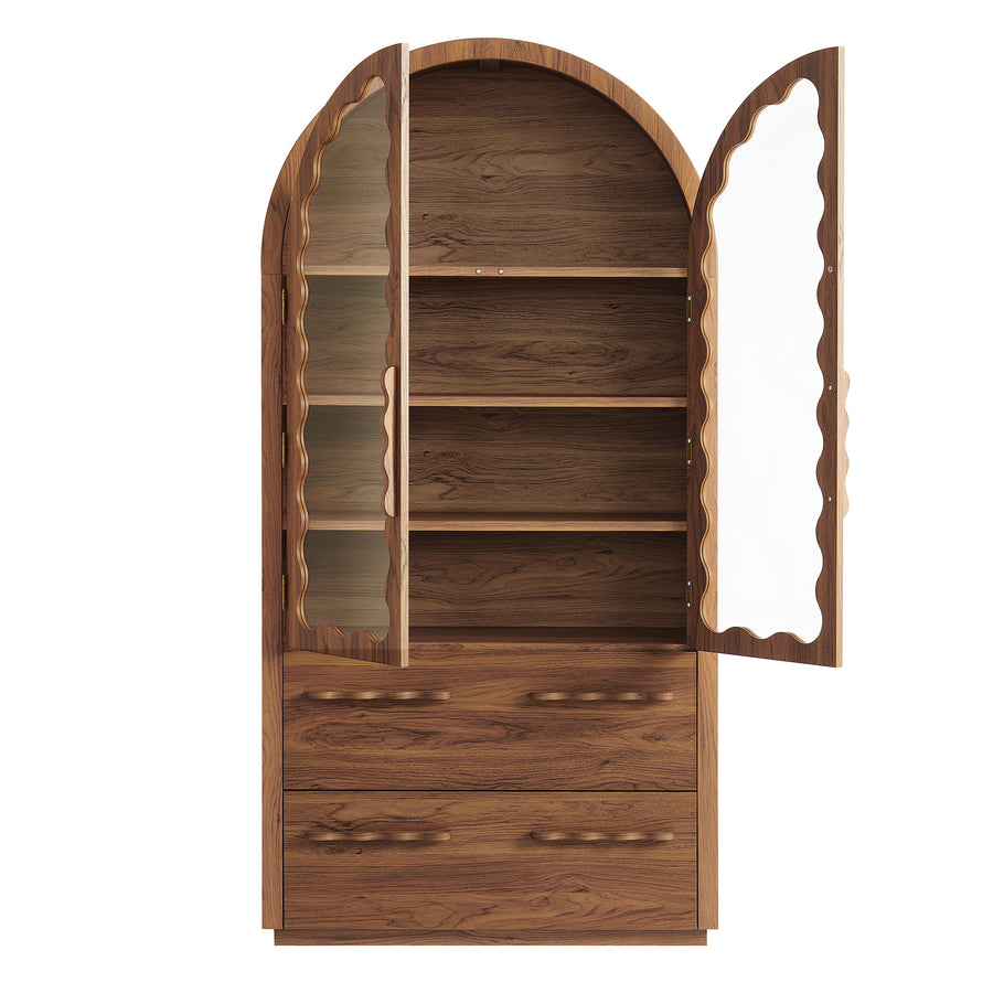 Lismore 76 Inch Arched Kitchen Pantry Display Cabinet in Walnut