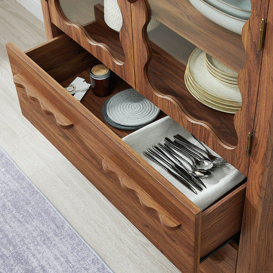 Lismore 76 Inch Arched Kitchen Pantry Display Cabinet in Walnut