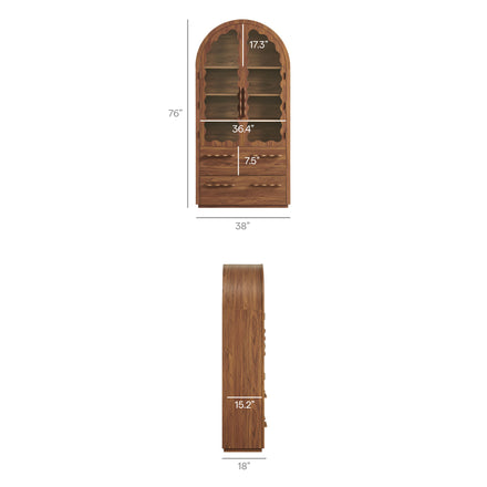 Rory 76 Inch Arched Kitchen Pantry Display Cabinet in Walnut