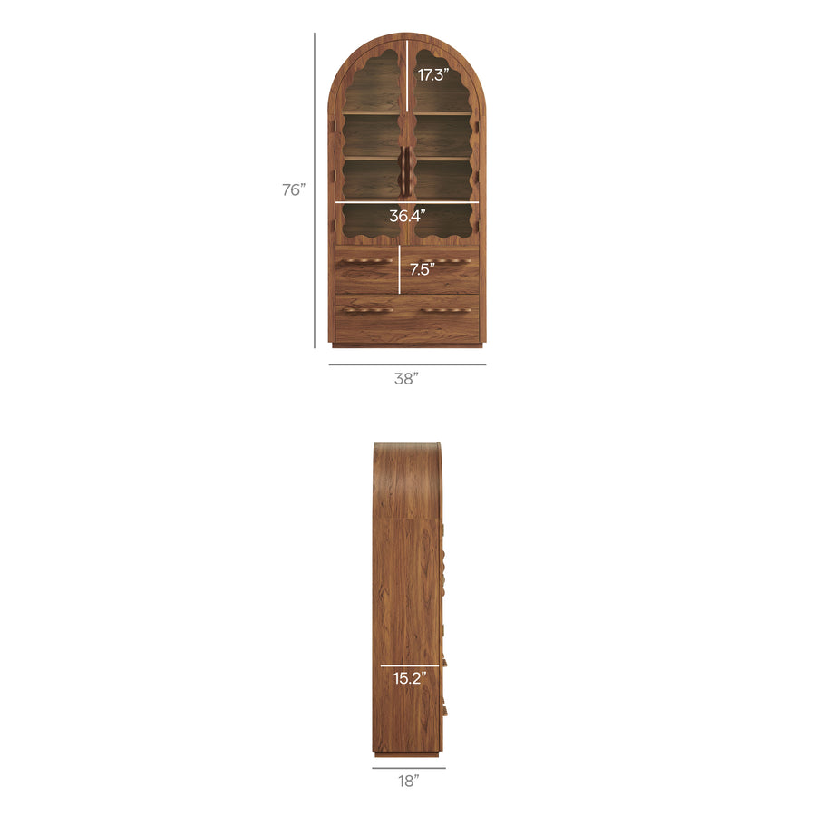 Lismore 76 Inch Arched Kitchen Pantry Display Cabinet in Walnut