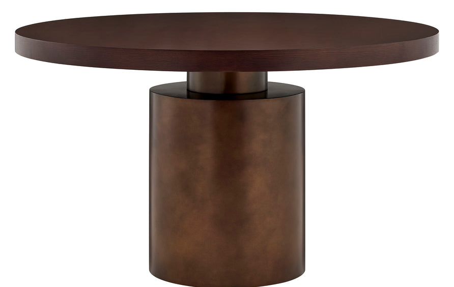 Fenna 54 Inch Round Pedestal Base Dining Table in Dark Walnut Burnished Brass