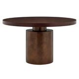 Fenna 54 Inch Round Pedestal Base Dining Table in Dark Walnut Burnished Brass