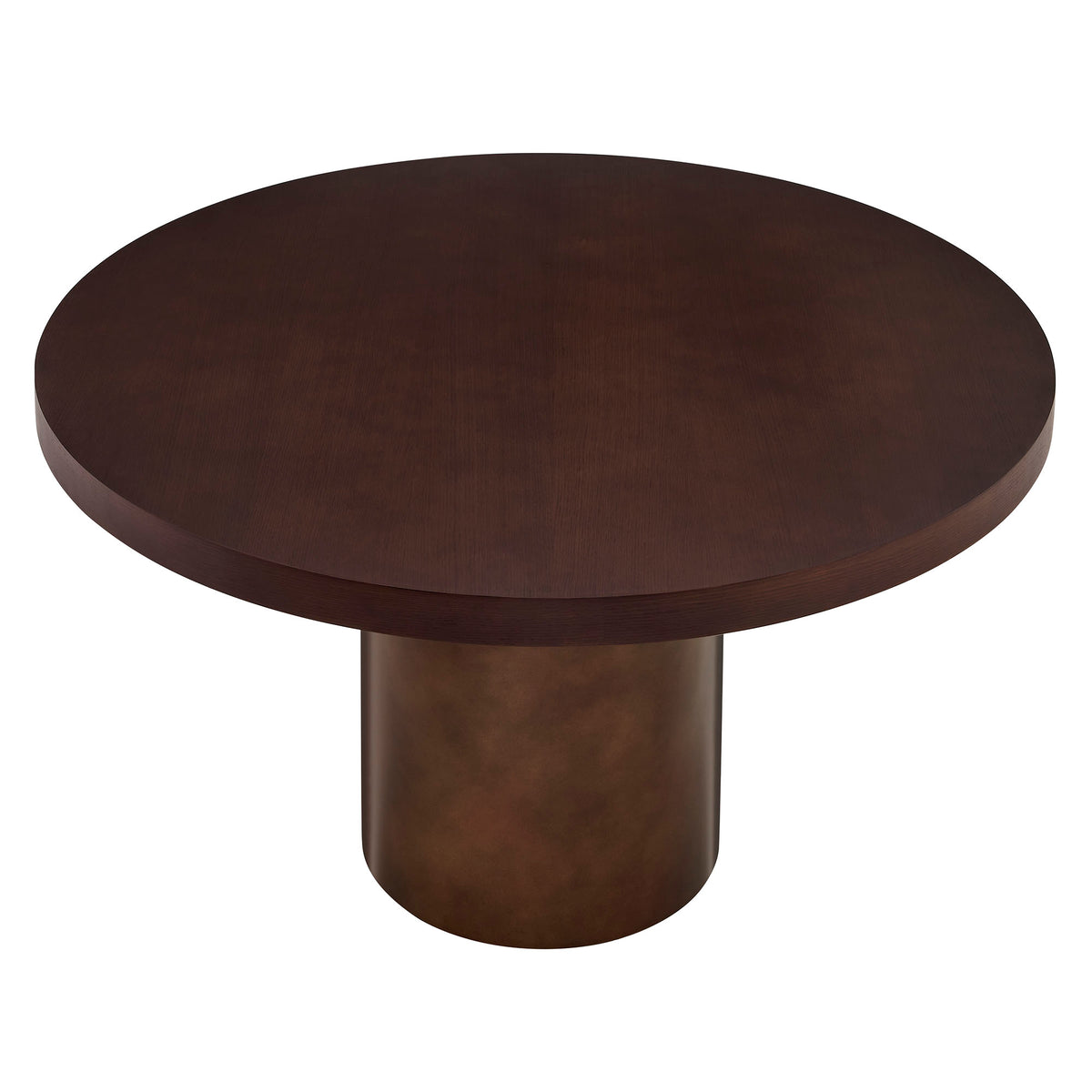 Fenna 54 Inch Round Pedestal Base Dining Table in Dark Walnut Burnished Brass