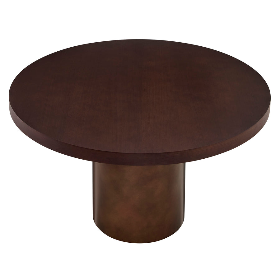 Fenna 54 Inch Round Pedestal Base Dining Table in Dark Walnut Burnished Brass