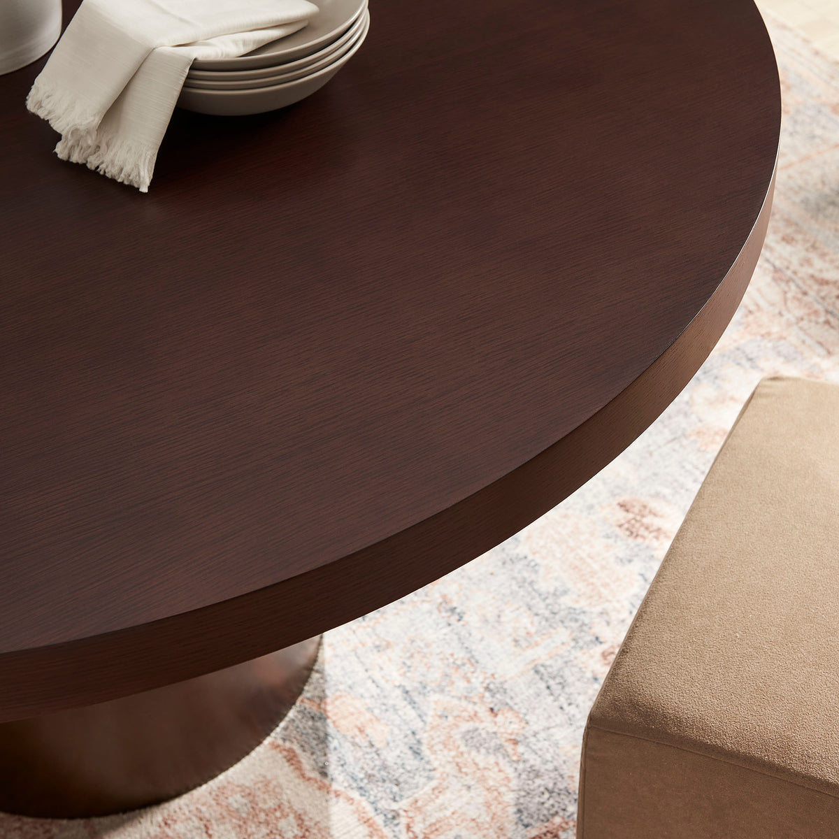 Fenna 54 Inch Round Pedestal Base Dining Table in Dark Walnut Burnished Brass