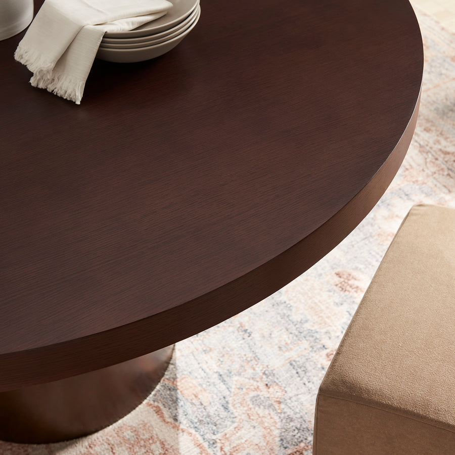 Fenna 54 Inch Round Pedestal Base Dining Table in Dark Walnut Burnished Brass