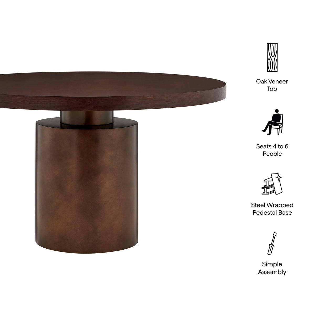 Fenna 54 Inch Round Pedestal Base Dining Table in Dark Walnut Burnished Brass
