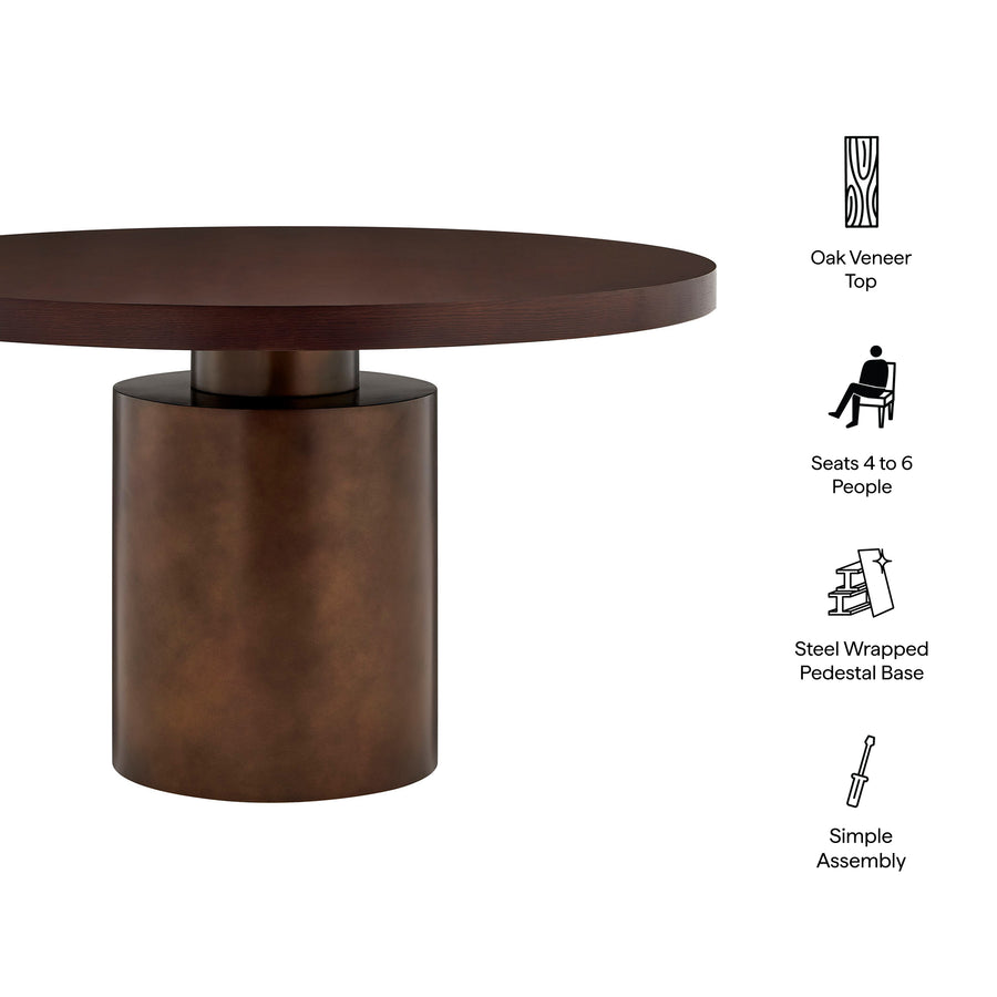 Fenna 54 Inch Round Pedestal Base Dining Table in Dark Walnut Burnished Brass