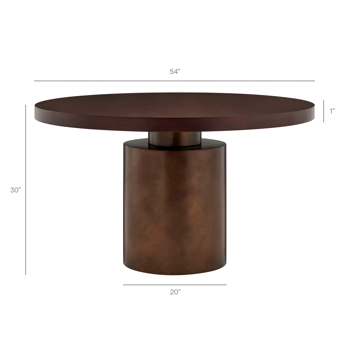 Fenna 54 Inch Round Pedestal Base Dining Table in Dark Walnut Burnished Brass
