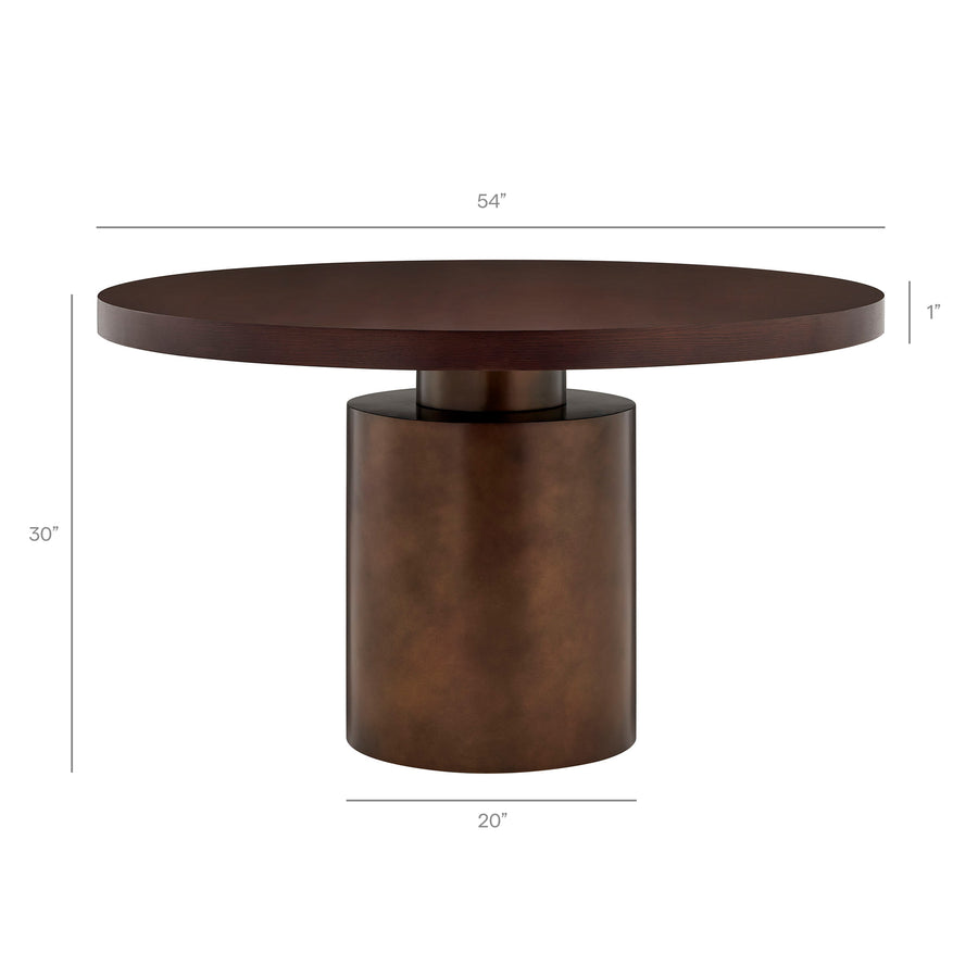 Fenna 54 Inch Round Pedestal Base Dining Table in Dark Walnut Burnished Brass