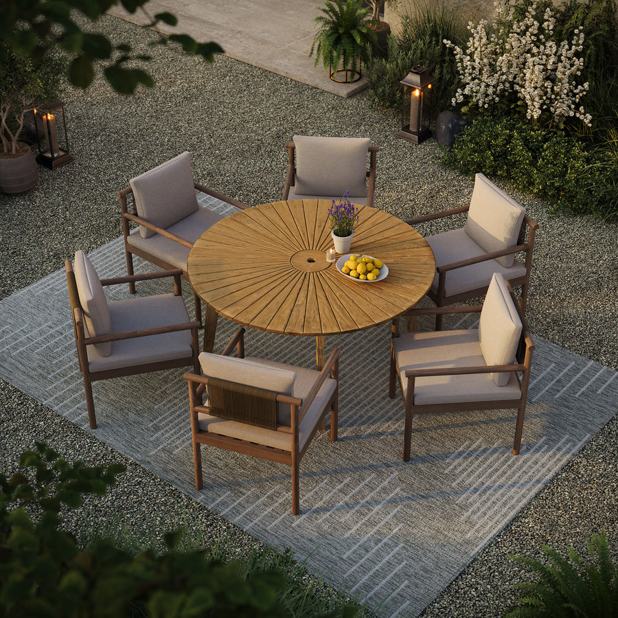 Tegan 59" Sunburst Outdoor Patio Teak Dining Table in Natural