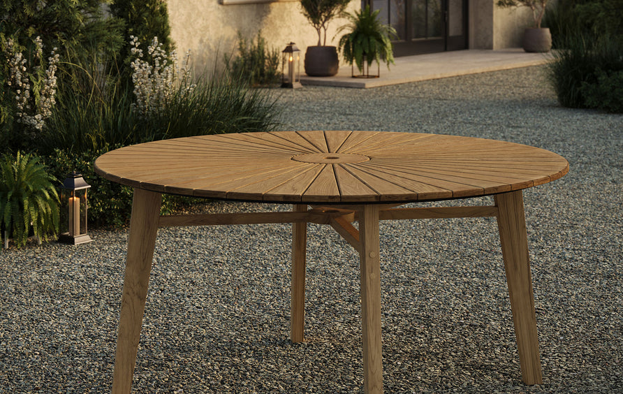 Tegan 59" Sunburst Outdoor Patio Teak Dining Table in Natural