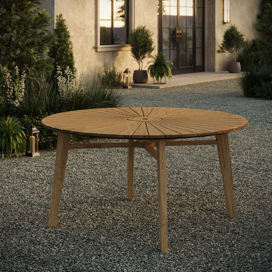Tegan 59" Sunburst Outdoor Patio Teak Dining Table in Natural