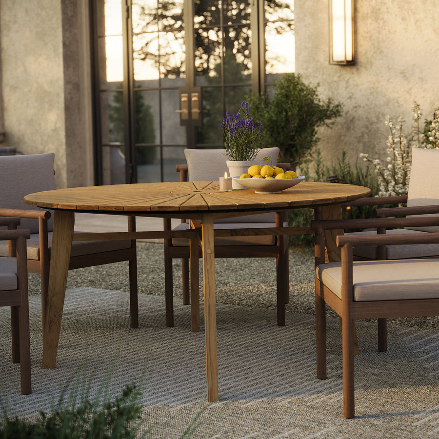 Tegan 59" Sunburst Outdoor Patio Teak Dining Table in Natural