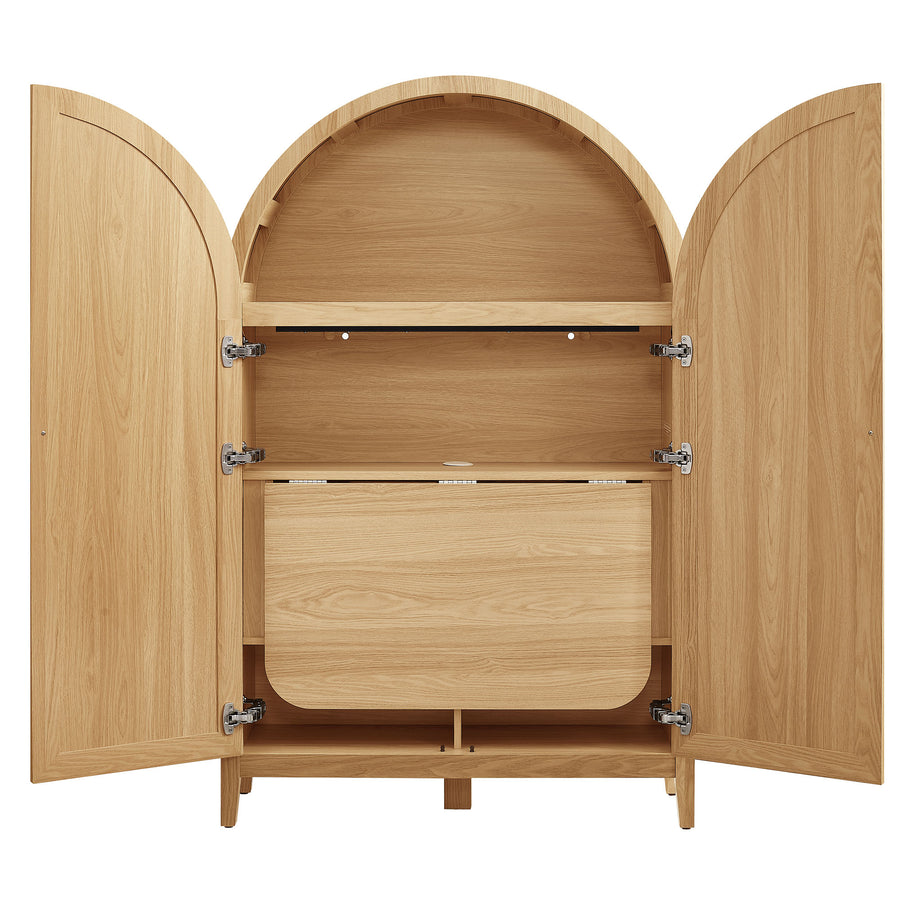 Etesian 63 Inch Arched Storage Cabinet With Folding Desk in Oak