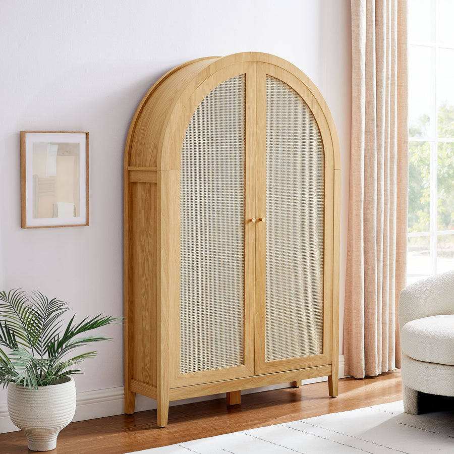Etesian 63 Inch Arched Storage Cabinet With Folding Desk in Oak