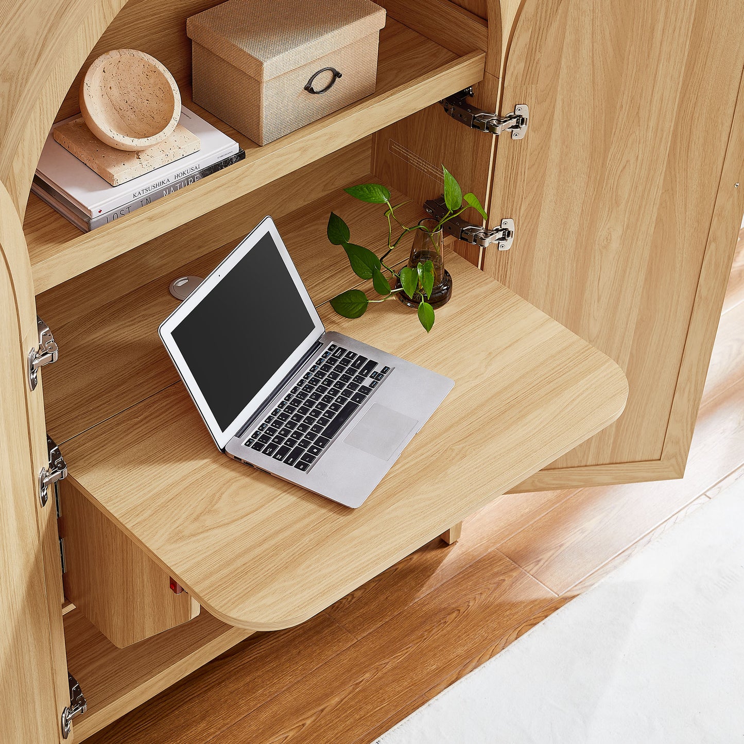 Etesian 63 Inch Arched Storage Cabinet With Folding Desk in Oak