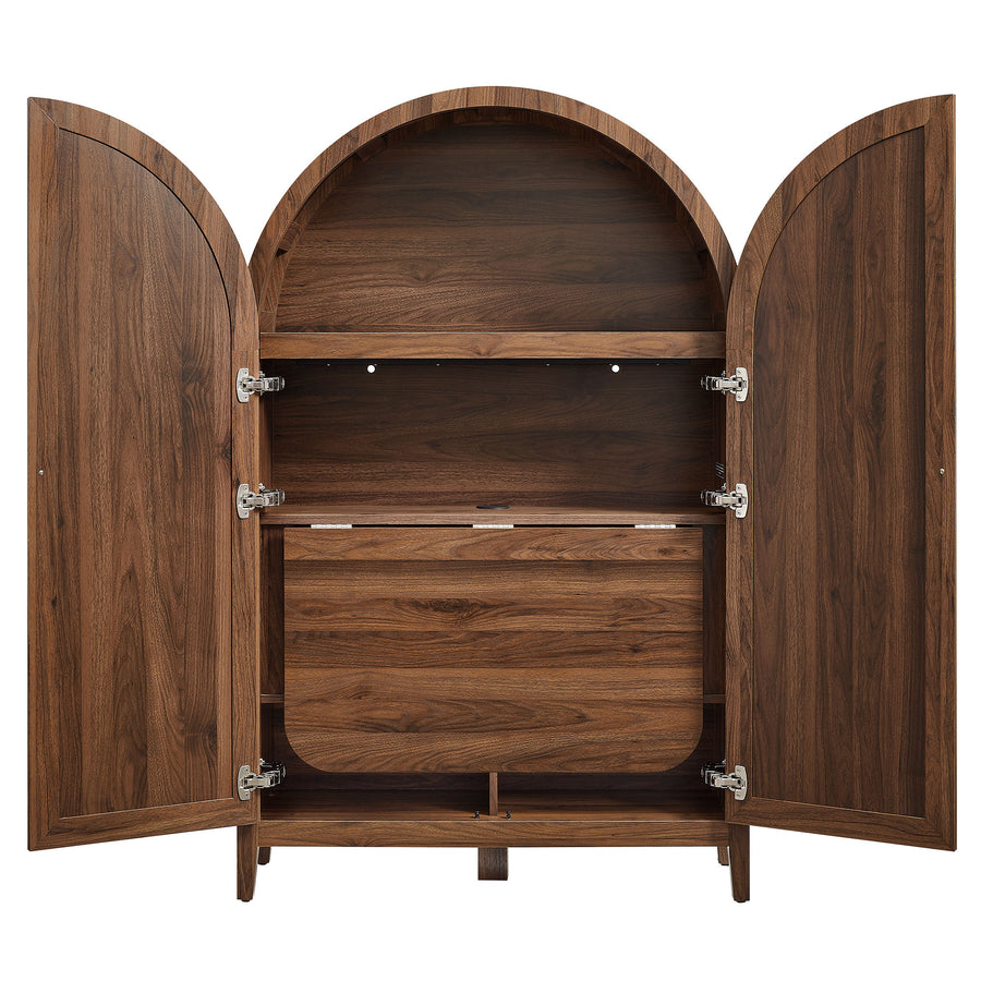 Etesian 63 Inch Arched Storage Cabinet With Folding Desk in Walnut