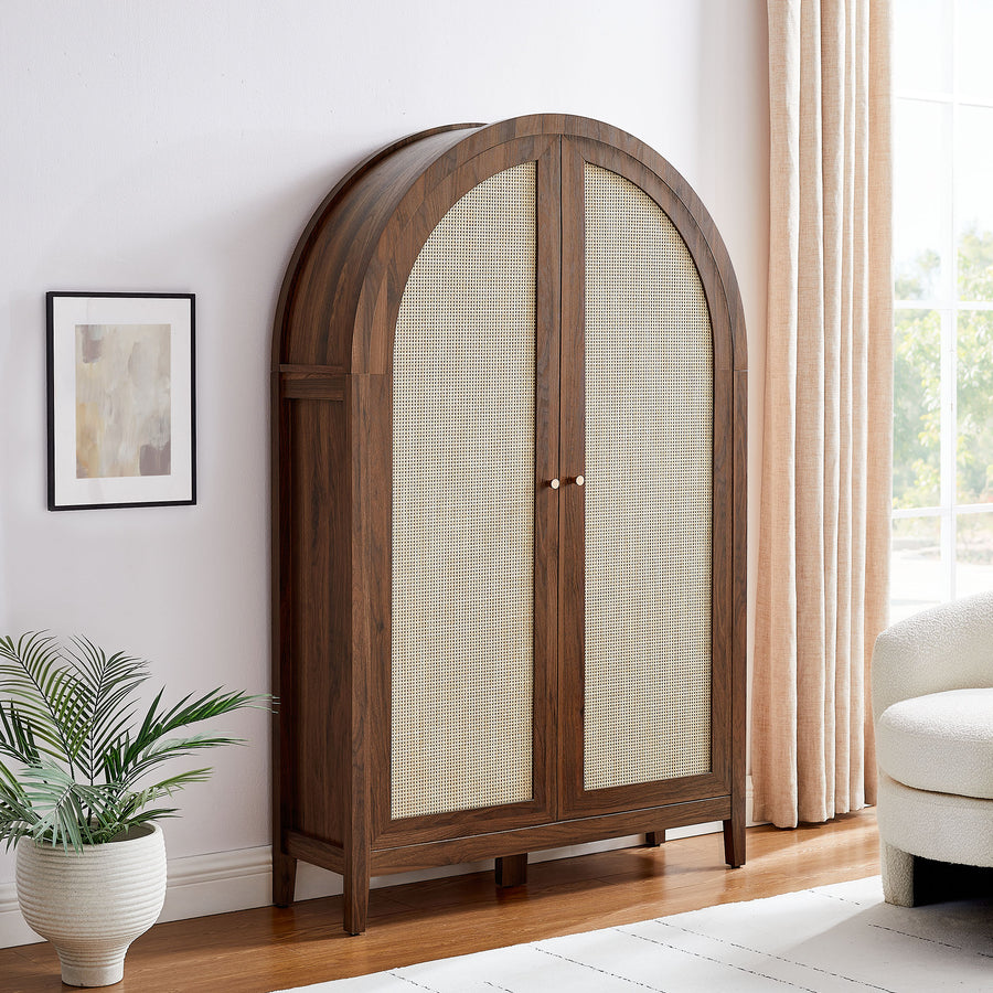 Etesian 63 Inch Arched Storage Cabinet With Folding Desk in Walnut