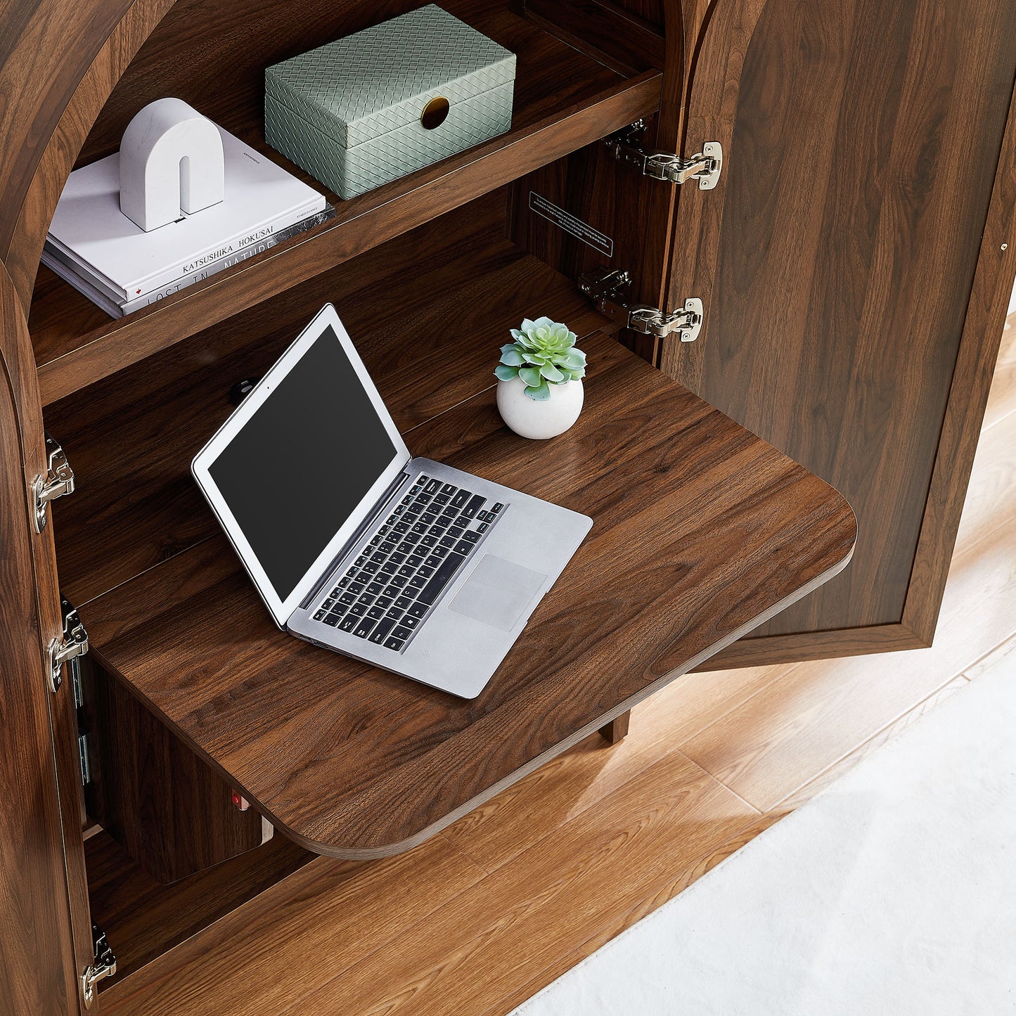 Etesian 63 Inch Arched Storage Cabinet With Folding Desk in Walnut