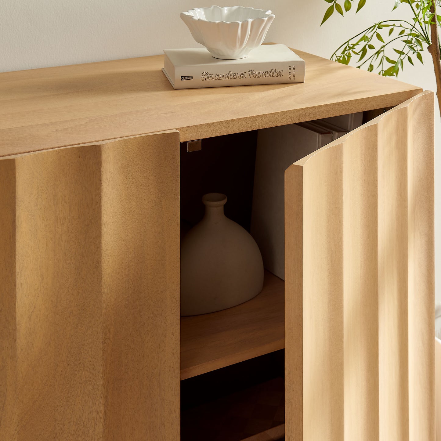 Henna 54 Inch Scalloped Wood 3-Door Sideboard in Natural