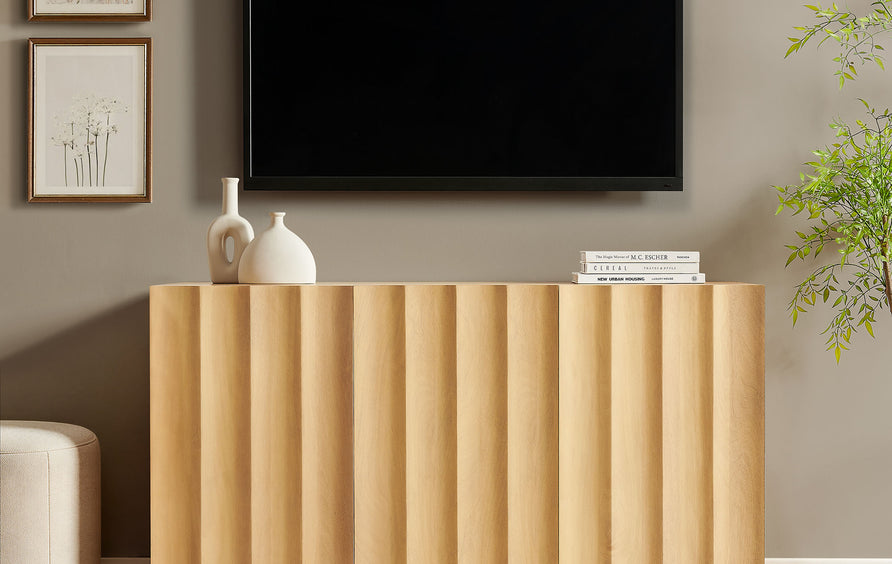 Henna 54 Inch Scalloped Wood 3-Door Sideboard in Natural