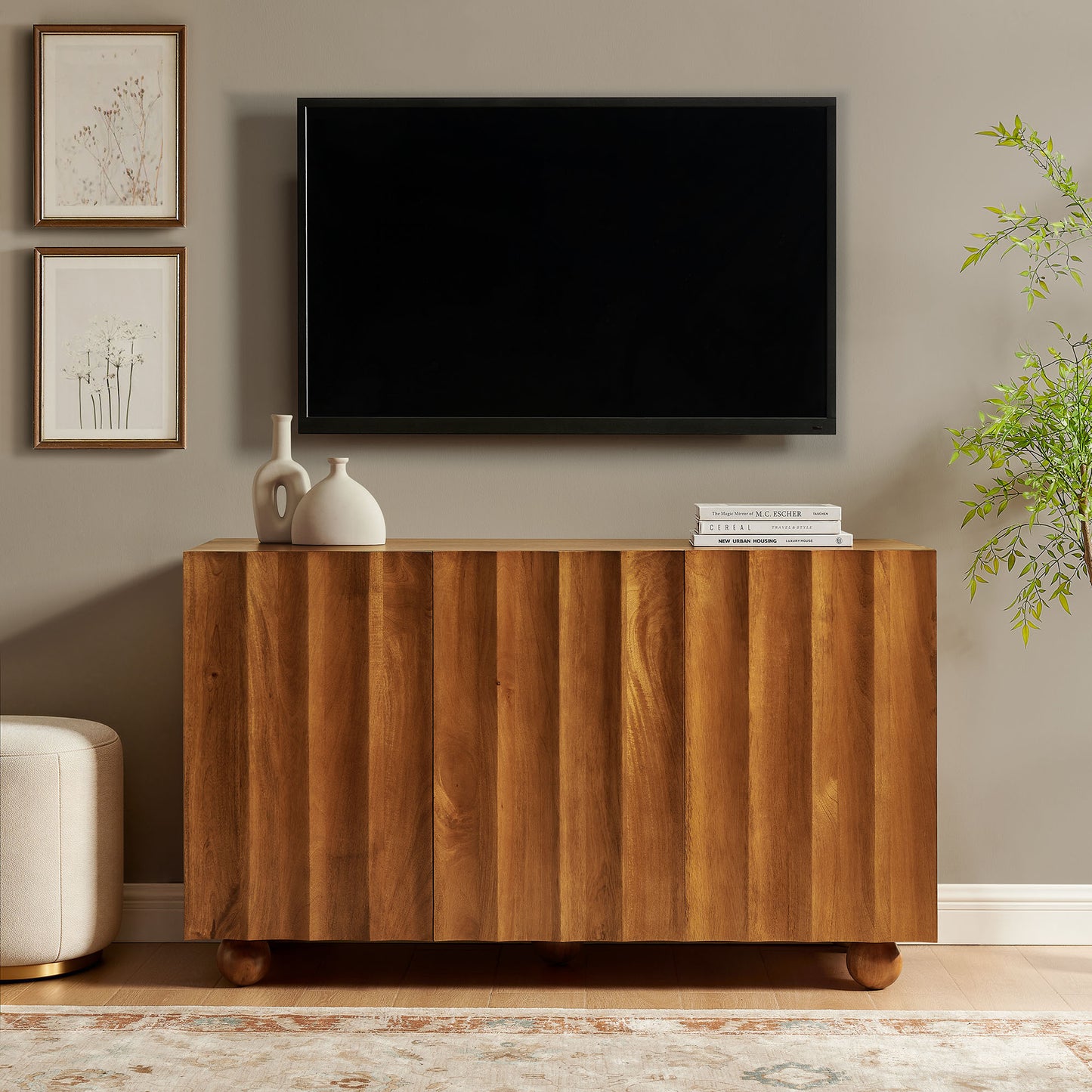 Henna 54 Inch Scalloped Wood 3-Door Sideboard in Walnut