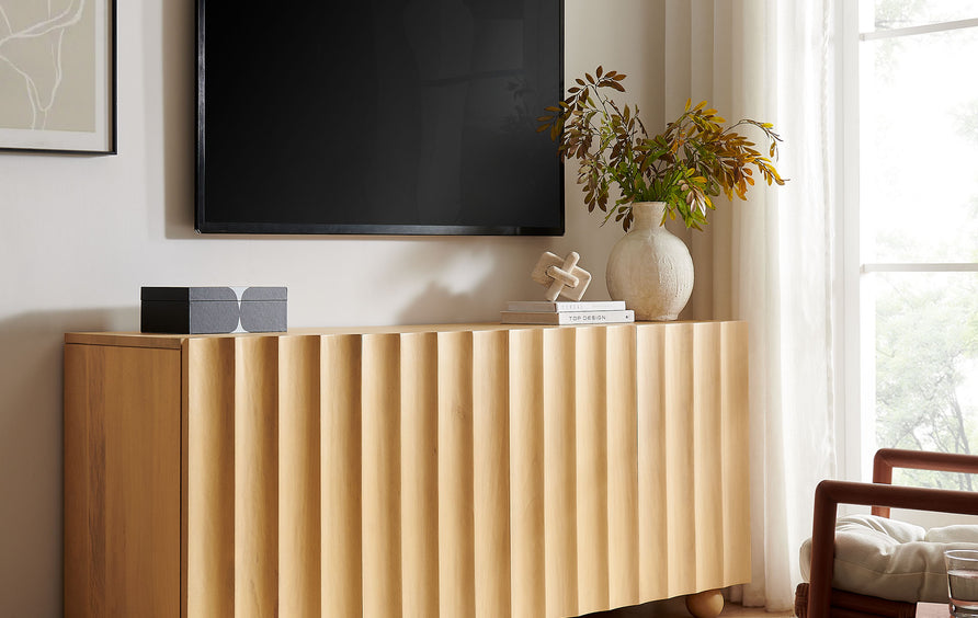 Henna 72 Inch Scalloped Wood 4-Door Sideboard in Natural