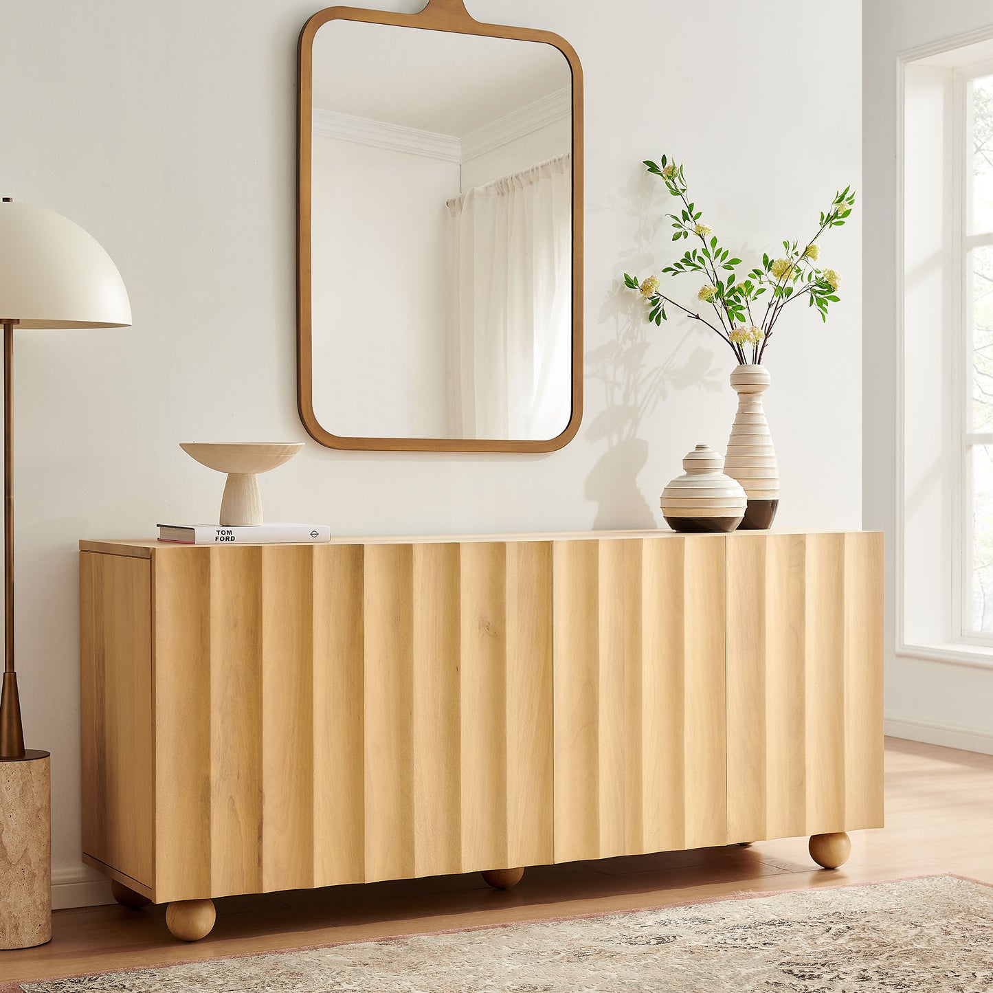 Henna 72 Inch Scalloped Wood 4-Door Sideboard in Natural