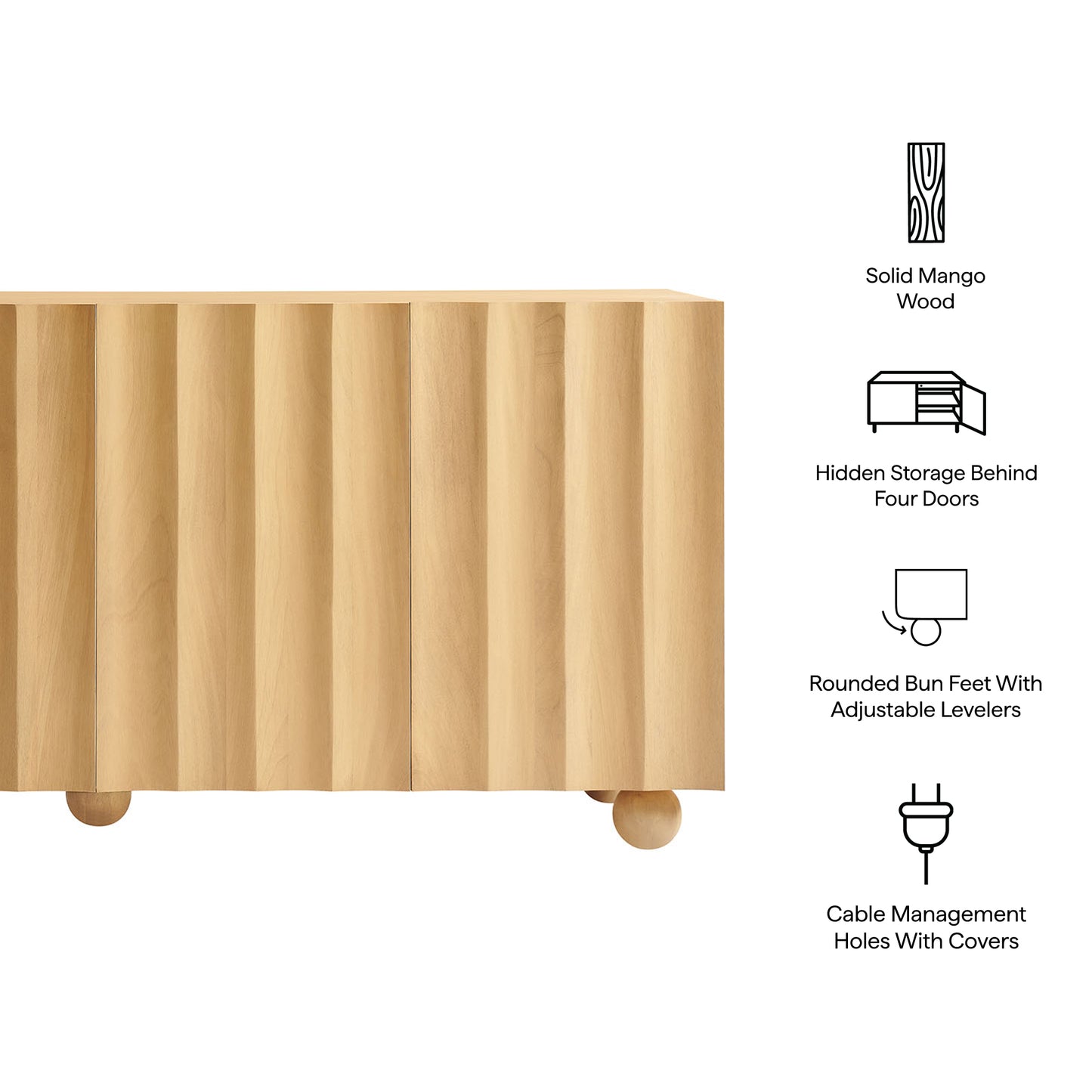 Henna 72 Inch Scalloped Wood 4-Door Sideboard in Natural