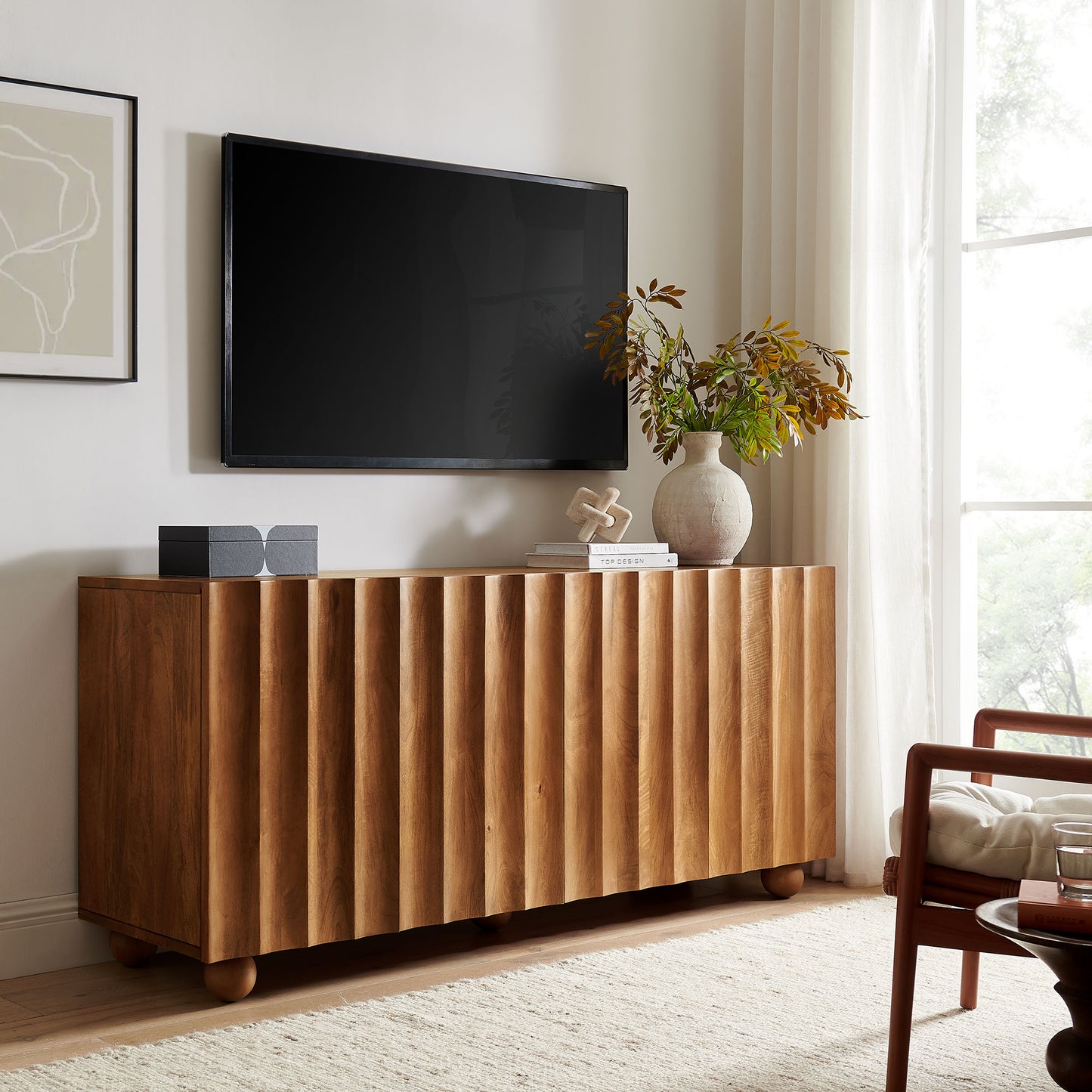 Henna 72 Inch Scalloped Wood 4-Door Sideboard in Walnut