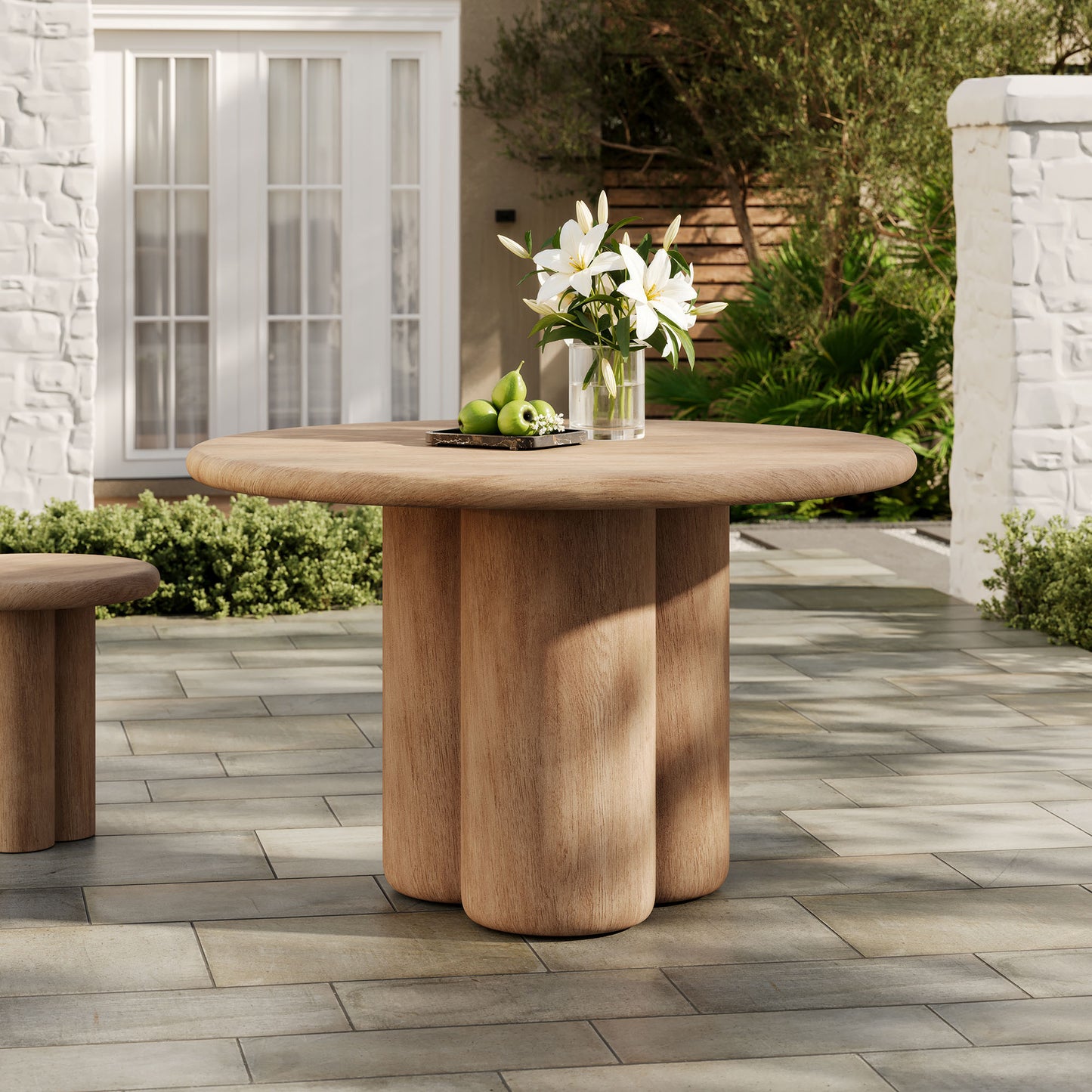 Godello 48 Inch Round Indoor and Outdoor Patio Dining Table in Oak