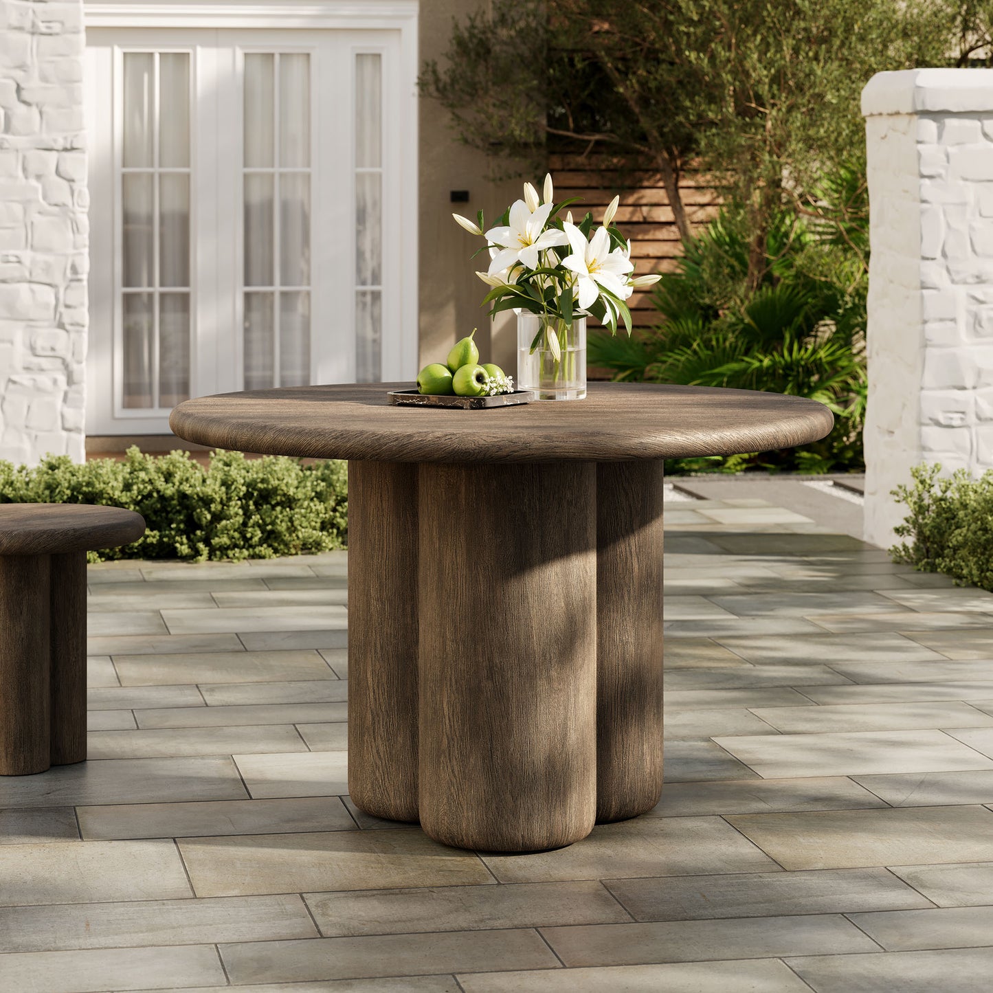 Godello 48 Inch Round Indoor and Outdoor Patio Dining Table in Weathered Walnut