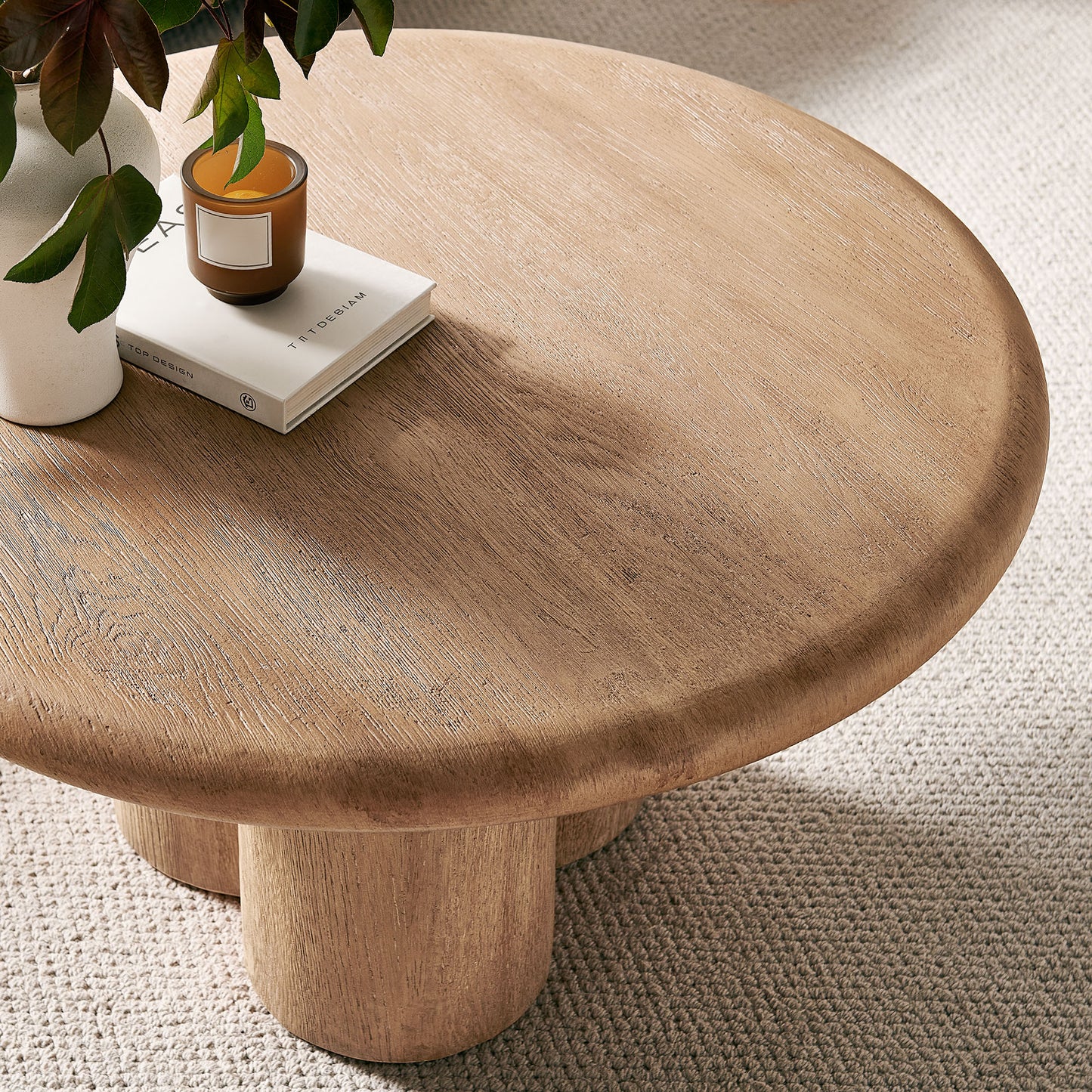 Godello 31 Inch Round Indoor and Outdoor Patio Coffee Table in Oak