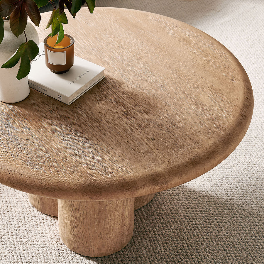 Godello 31 Inch Round Indoor and Outdoor Patio Coffee Table in Oak