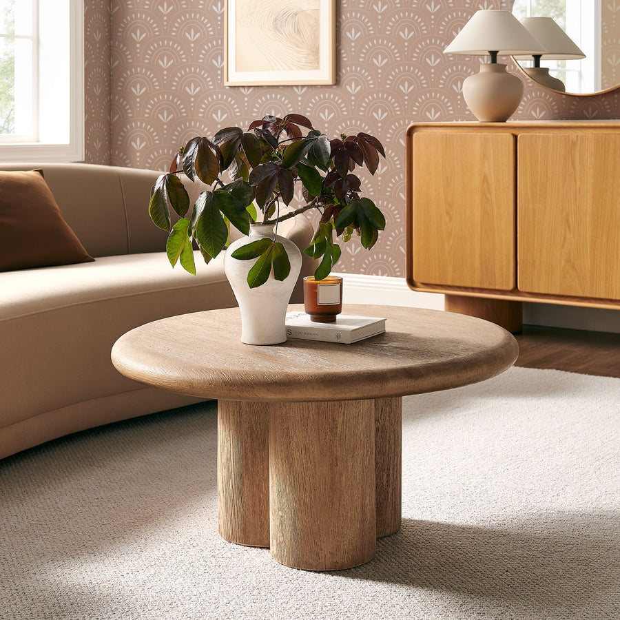 Godello 31 Inch Round Indoor and Outdoor Patio Coffee Table in Oak